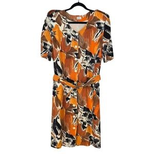 Betty Barclay Vintage Abstract Floral Linen Cotton Belted Dress Orange Brown 14?